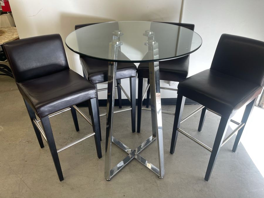 Chrome Base Bar Height Table 32R X 43H With Glass Top And Four Bar Height Chairs  [Photo 7]