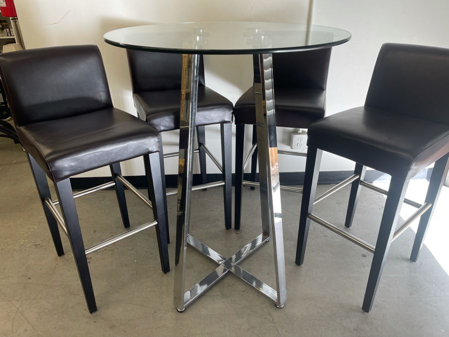Chrome Base Bar Height Table 32R X 43H With Glass Top And Four Bar Height Chairs  [Photo 8]