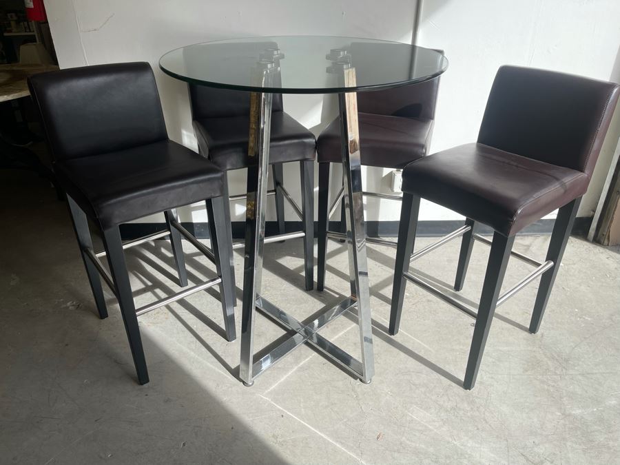Chrome Base Bar Height Table 32R X 43H With Glass Top And Four Bar Height Chairs  [Photo 2]