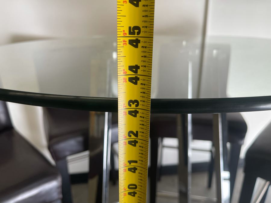 Chrome Base Bar Height Table 32R X 43H With Glass Top And Four Bar Height Chairs  [Photo 10]