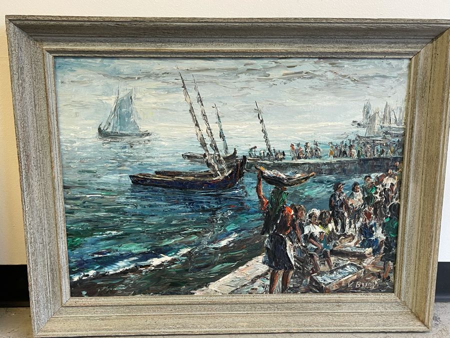 Original Vicente Besugo Portugal Impressionist Nautical Painting On Canvas 27 X 20 Framed 32 X 25 [Photo 2]