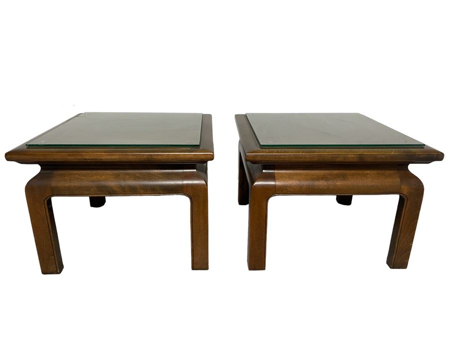 Pair Of Wooden Asian Side Tables With Glass Tops 20.5W X 20D X 16H [Photo 1]