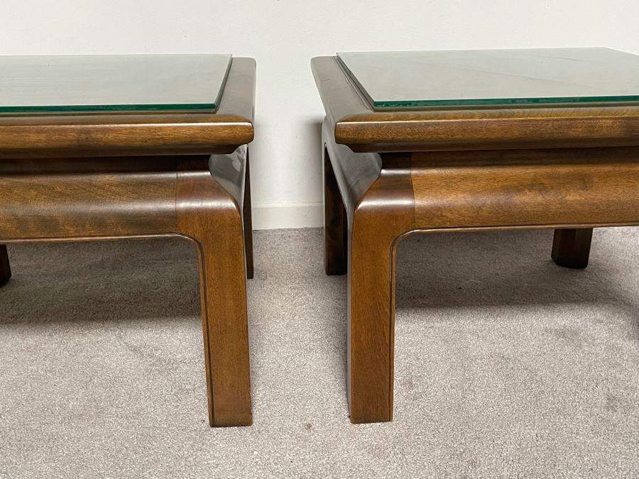 Pair Of Wooden Asian Side Tables With Glass Tops 20.5W X 20D X 16H [Photo 5]