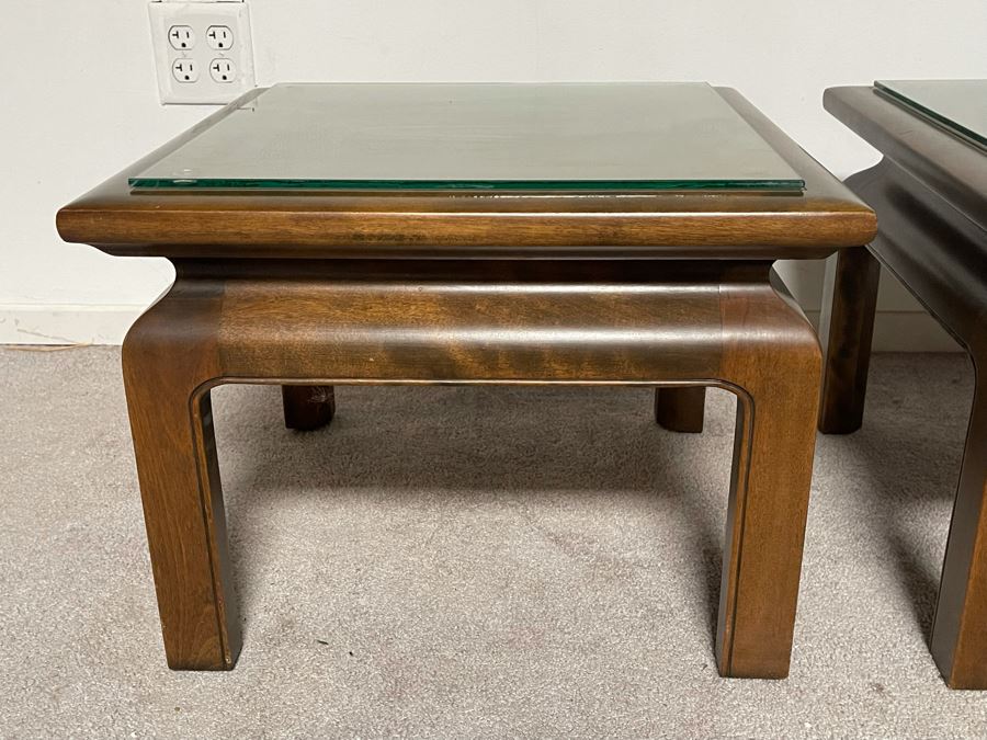 Pair Of Wooden Asian Side Tables With Glass Tops 20.5W X 20D X 16H [Photo 4]