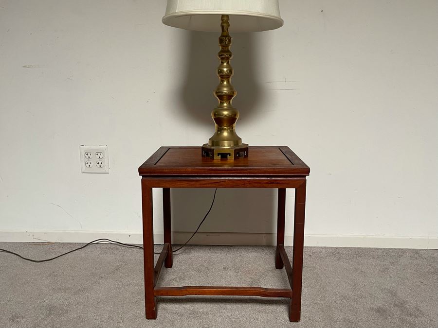 Wooden Side Table 19 X 15 X 19H With Chinese Brass Table Lamp 31H [Photo 3]