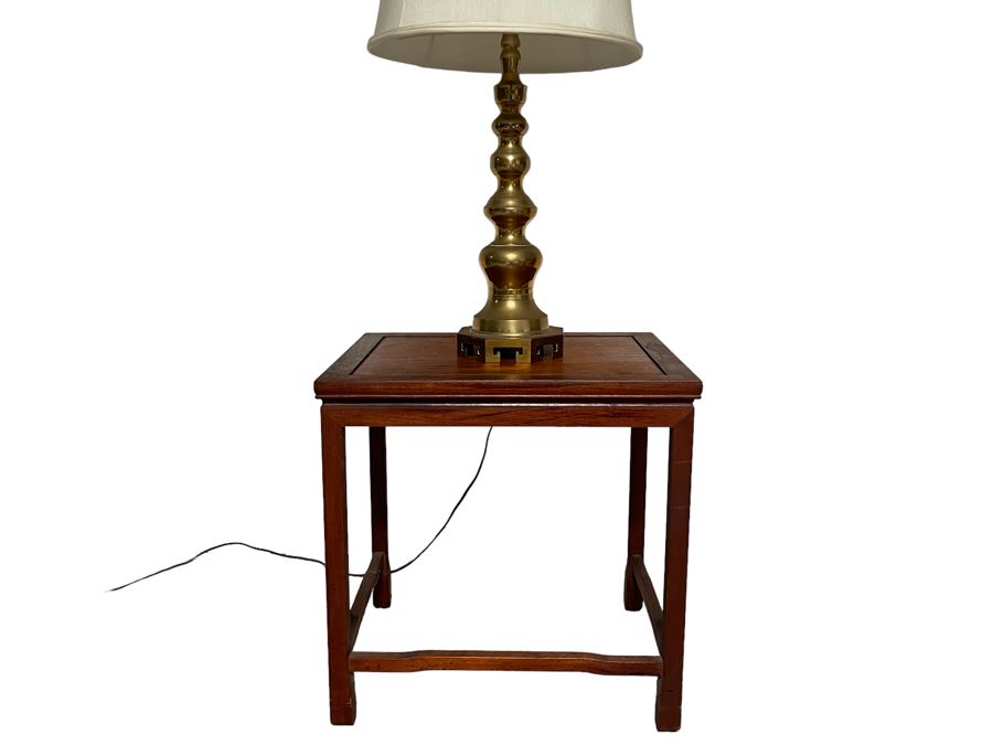Wooden Side Table 19 X 15 X 19H With Chinese Brass Table Lamp 31H