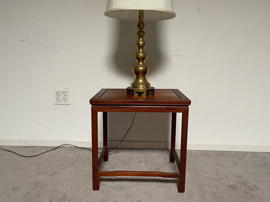 Wooden Side Table 19 X 15 X 19H With Chinese Brass Table Lamp 31H [Photo 2]