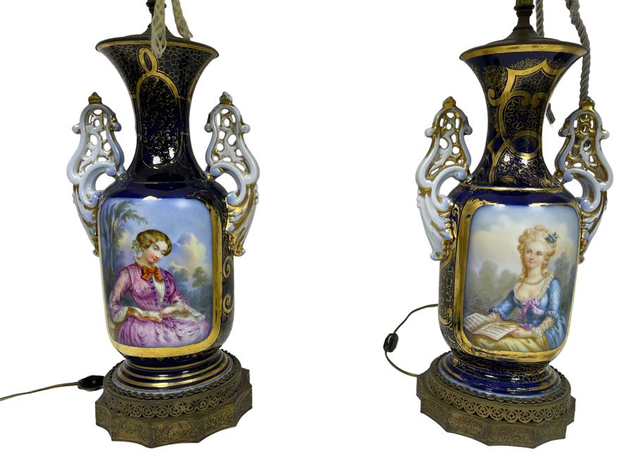 Antique Pair Of French Hand Painted Table Lamps 33H