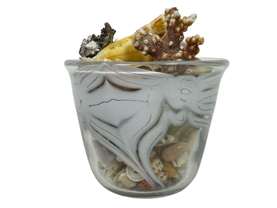 Art Glass Bowl 5.5W X 4.5H Filled With Organic Seashells And Coral