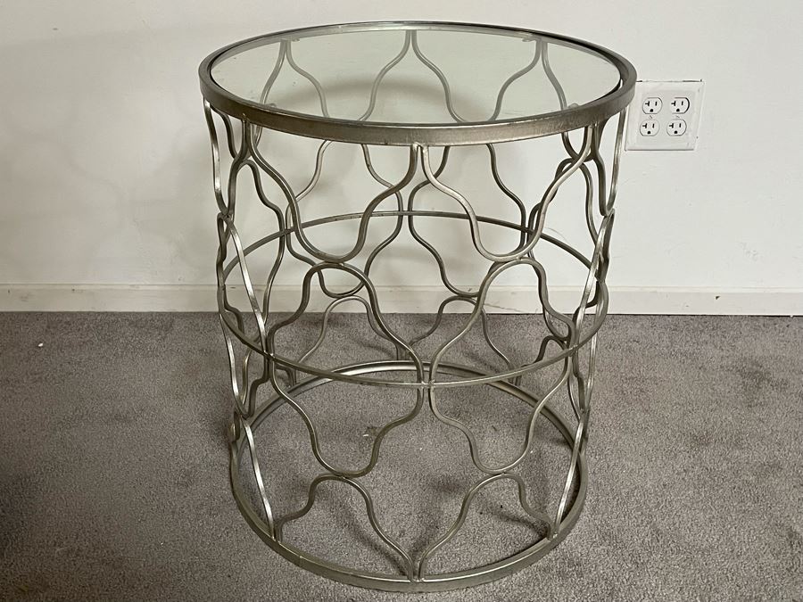 Contemporary Metal Round Glass Top Side Table 20W X 24H