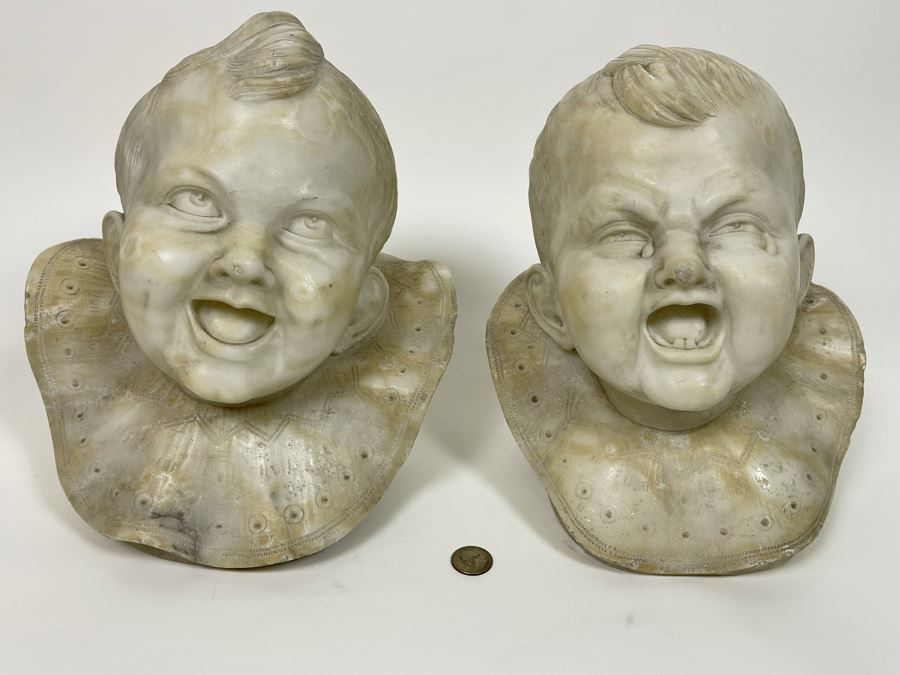 Pair Of Vintage Carved Alabaster Sculptures Busts Of Laughing And Crying Baby 9W X 9D X 11H [Photo 12]