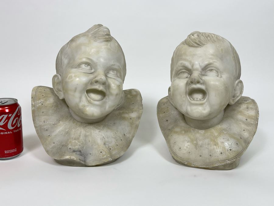 Pair Of Vintage Carved Alabaster Sculptures Busts Of Laughing And Crying Baby 9W X 9D X 11H [Photo 3]