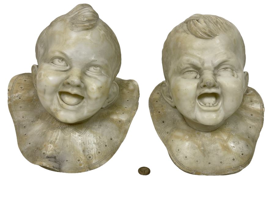 Pair Of Vintage Carved Alabaster Sculptures Busts Of Laughing And Crying Baby 9W X 9D X 11H