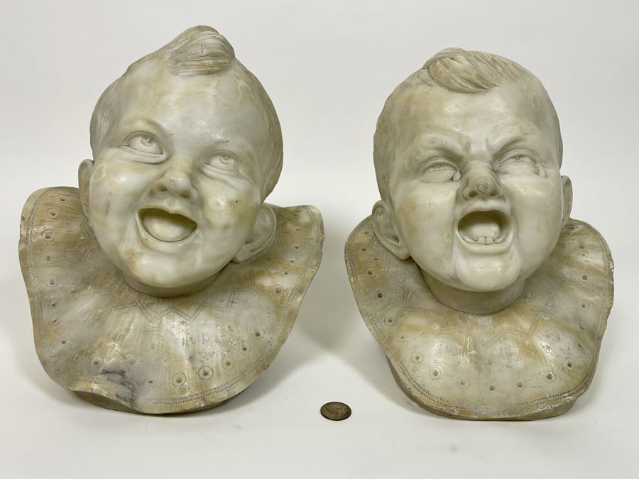 Pair Of Vintage Carved Alabaster Sculptures Busts Of Laughing And Crying Baby 9W X 9D X 11H [Photo 11]