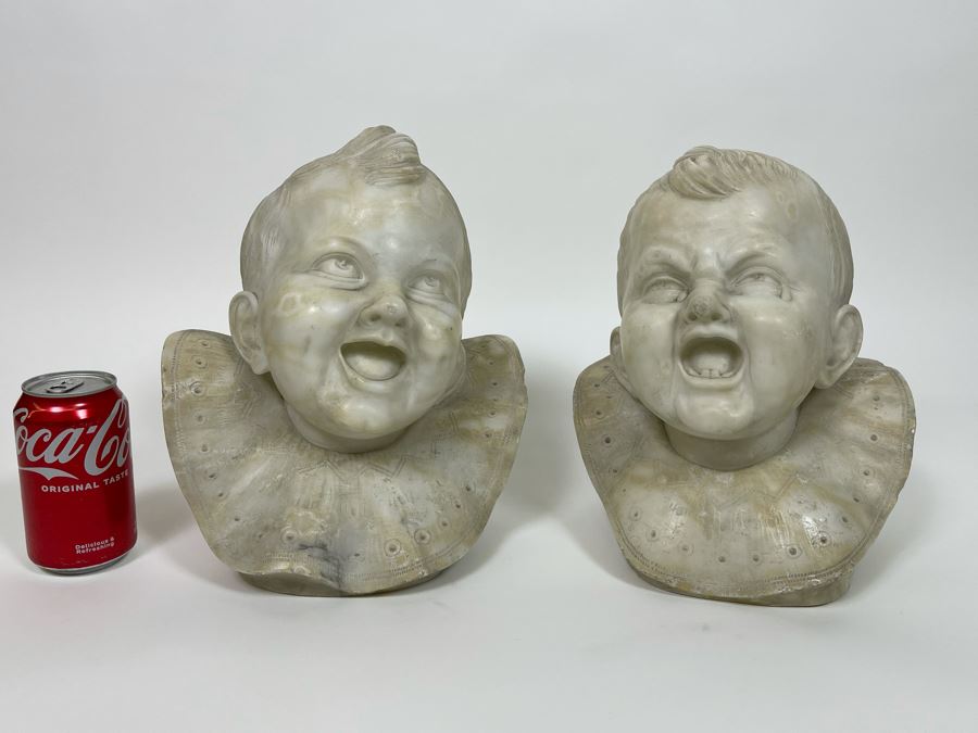 Pair Of Vintage Carved Alabaster Sculptures Busts Of Laughing And Crying Baby 9W X 9D X 11H [Photo 4]