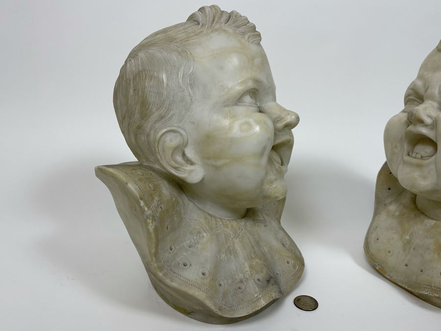 Pair Of Vintage Carved Alabaster Sculptures Busts Of Laughing And Crying Baby 9W X 9D X 11H [Photo 15]