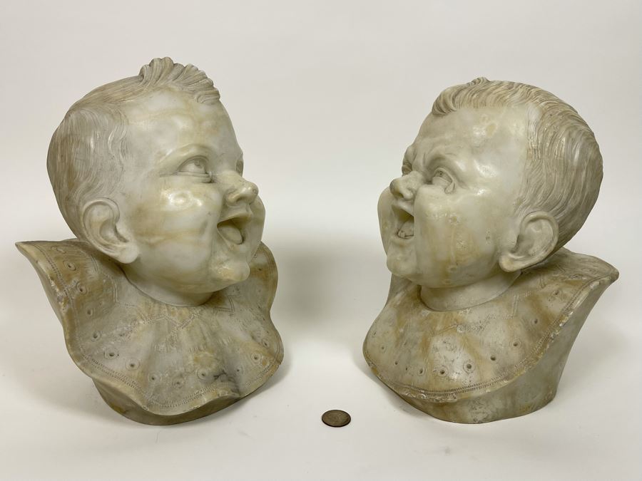 Pair Of Vintage Carved Alabaster Sculptures Busts Of Laughing And Crying Baby 9W X 9D X 11H [Photo 13]