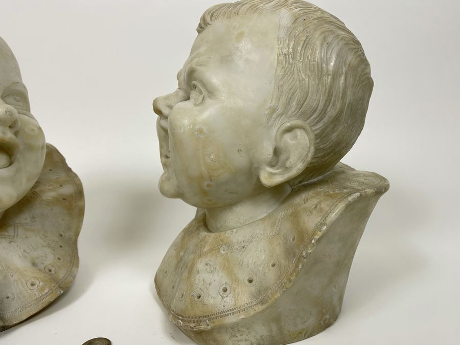 Pair Of Vintage Carved Alabaster Sculptures Busts Of Laughing And Crying Baby 9W X 9D X 11H [Photo 14]