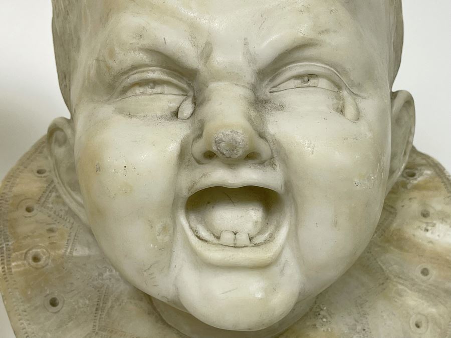 Pair Of Vintage Carved Alabaster Sculptures Busts Of Laughing And Crying Baby 9W X 9D X 11H [Photo 7]