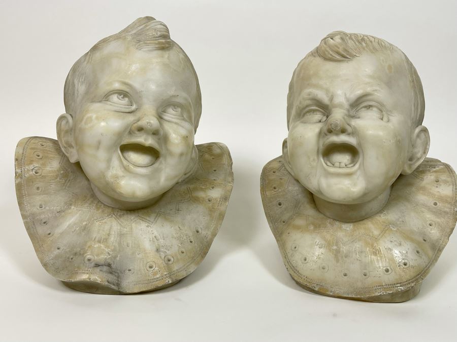 Pair Of Vintage Carved Alabaster Sculptures Busts Of Laughing And Crying Baby 9W X 9D X 11H [Photo 6]