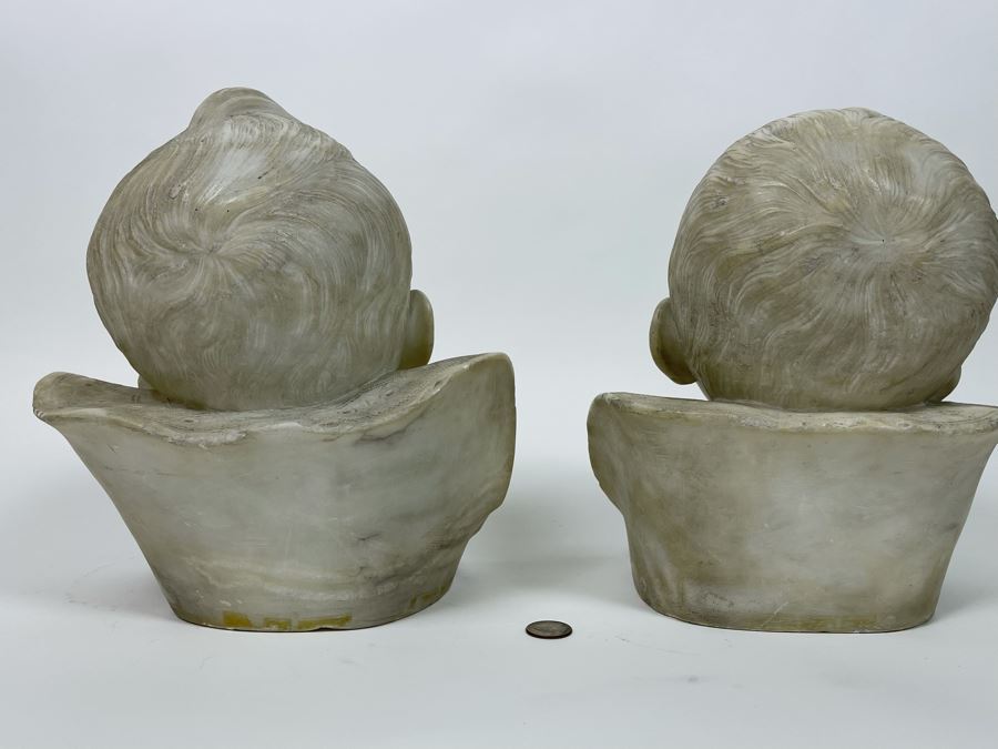 Pair Of Vintage Carved Alabaster Sculptures Busts Of Laughing And Crying Baby 9W X 9D X 11H [Photo 17]