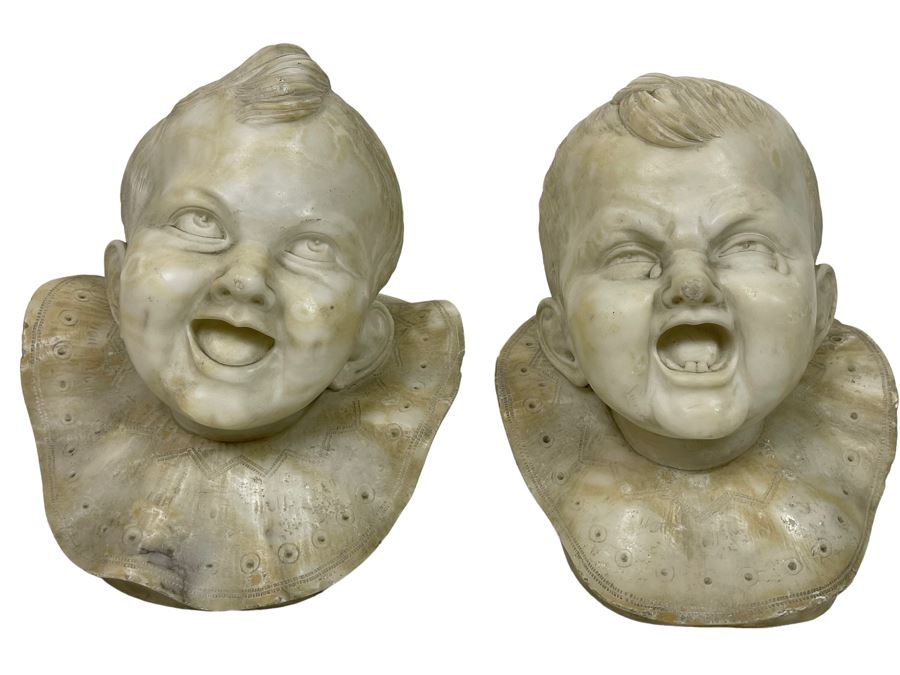 Pair Of Vintage Carved Alabaster Sculptures Busts Of Laughing And Crying Baby 9W X 9D X 11H [Photo 2]