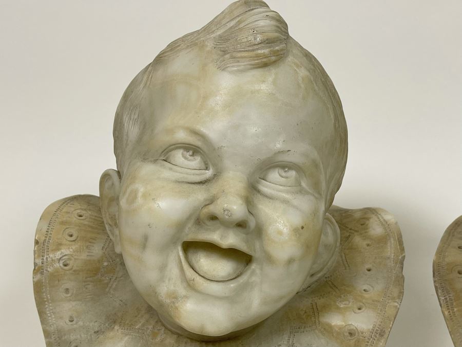Pair Of Vintage Carved Alabaster Sculptures Busts Of Laughing And Crying Baby 9W X 9D X 11H [Photo 8]