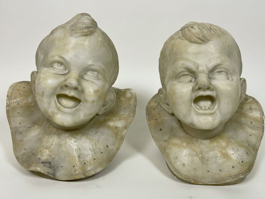 Pair Of Vintage Carved Alabaster Sculptures Busts Of Laughing And Crying Baby 9W X 9D X 11H [Photo 5]