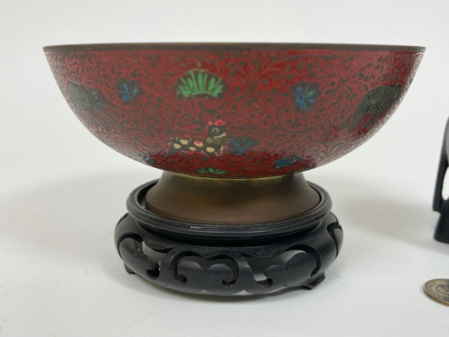Indian Cloisonne Bowl 6.25R With Wooden Base And Carved Wooden Elephant 5.5H [Photo 6]