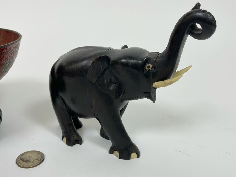 Indian Cloisonne Bowl 6.25R With Wooden Base And Carved Wooden Elephant 5.5H [Photo 4]