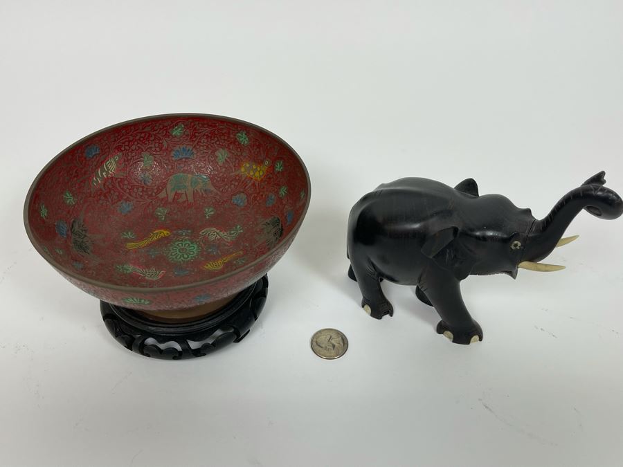 Indian Cloisonne Bowl 6.25R With Wooden Base And Carved Wooden Elephant 5.5H [Photo 3]