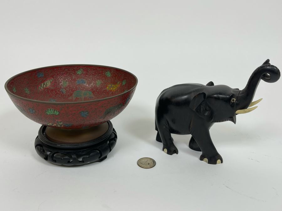 Indian Cloisonne Bowl 6.25R With Wooden Base And Carved Wooden Elephant 5.5H [Photo 2]