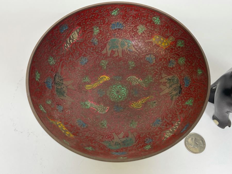Indian Cloisonne Bowl 6.25R With Wooden Base And Carved Wooden Elephant 5.5H [Photo 5]