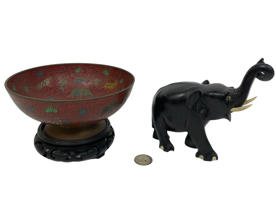 Indian Cloisonne Bowl 6.25R With Wooden Base And Carved Wooden Elephant 5.5H [Photo 1]