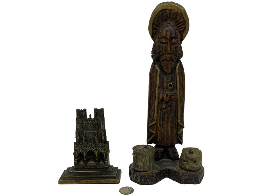 Vintage Carved Wooden Candle Holder From Spain 12H And Metal Rheims Cathedral Bookend [Photo 1]