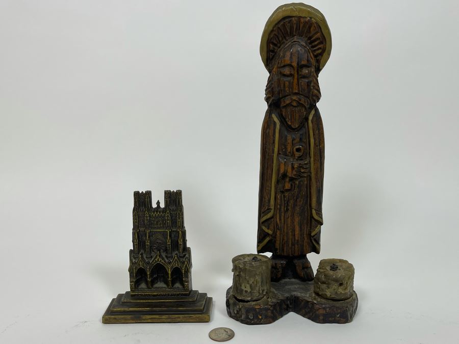 Vintage Carved Wooden Candle Holder From Spain 12H And Metal Rheims Cathedral Bookend [Photo 2]