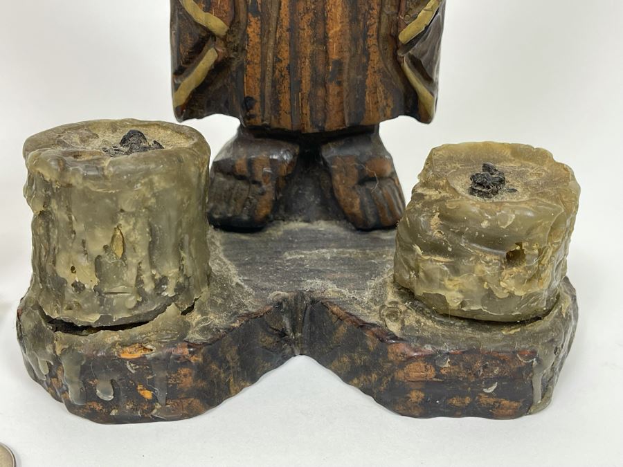 Vintage Carved Wooden Candle Holder From Spain 12H And Metal Rheims Cathedral Bookend [Photo 4]