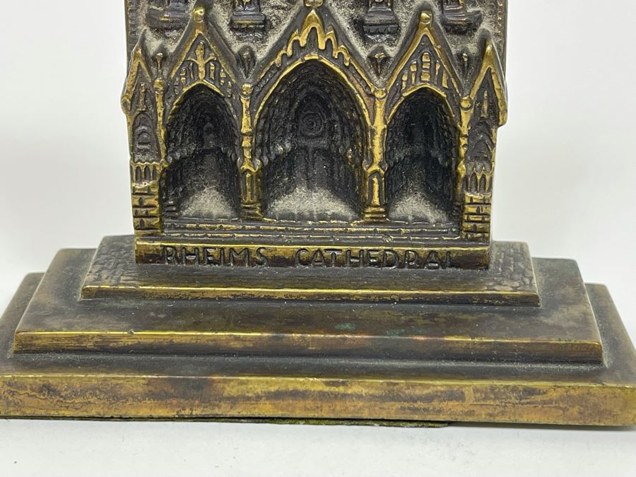 Vintage Carved Wooden Candle Holder From Spain 12H And Metal Rheims Cathedral Bookend [Photo 10]