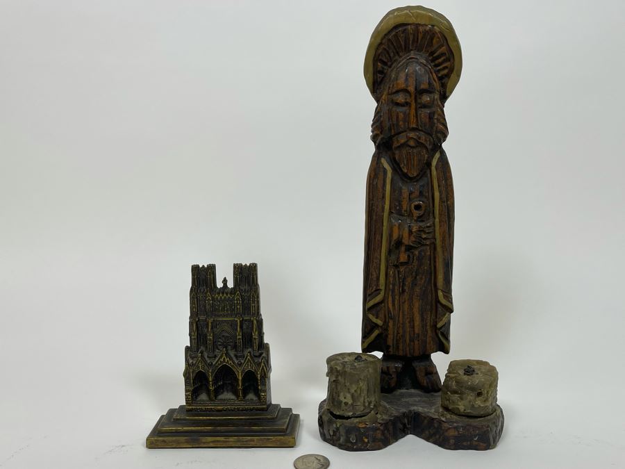 Vintage Carved Wooden Candle Holder From Spain 12H And Metal Rheims Cathedral Bookend [Photo 3]
