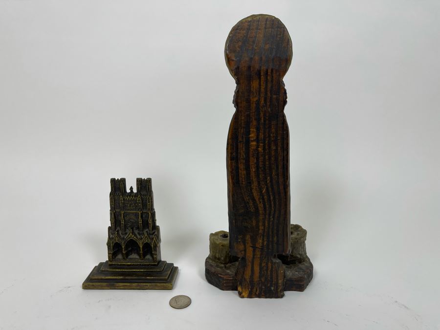 Vintage Carved Wooden Candle Holder From Spain 12H And Metal Rheims Cathedral Bookend [Photo 7]