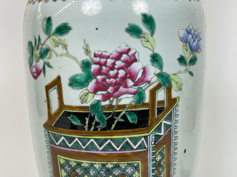 Large Antique Chinese Porcelain Vase (Bottom Not Drilled) On Wooden Lamp Base - Vase Appears To Be Attached To Base With Museum Wax - Vase Is 24.5H X 9W [Photo 11]