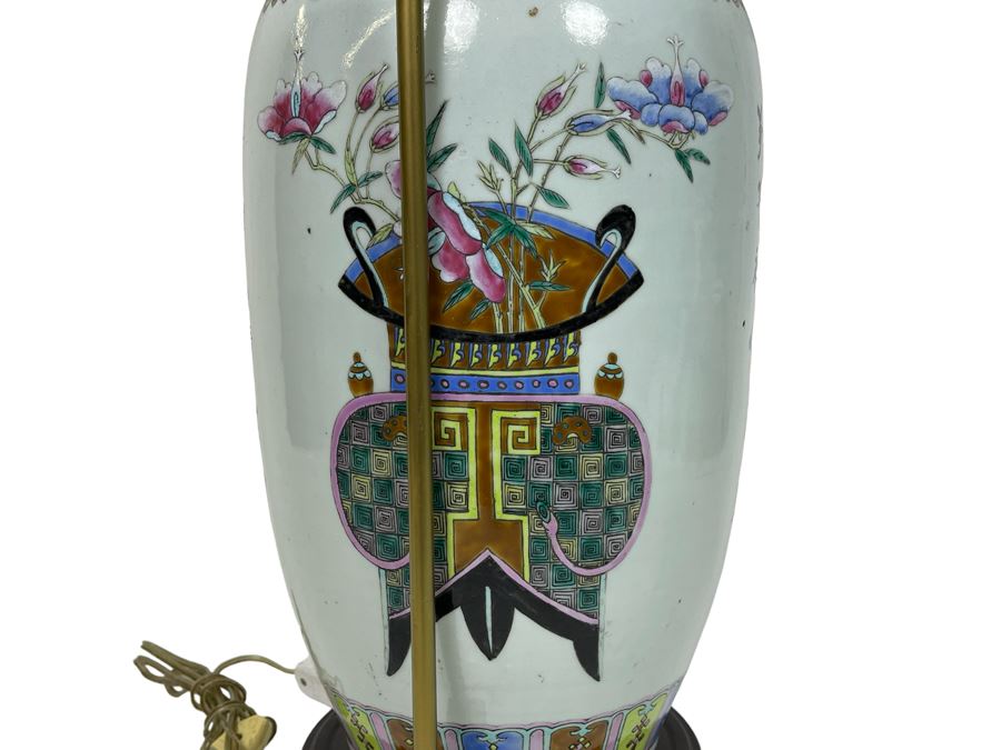 Large Antique Chinese Porcelain Vase (Bottom Not Drilled) On Wooden Lamp Base - Vase Appears To Be Attached To Base With Museum Wax - Vase Is 24.5H X 9W [Photo 4]