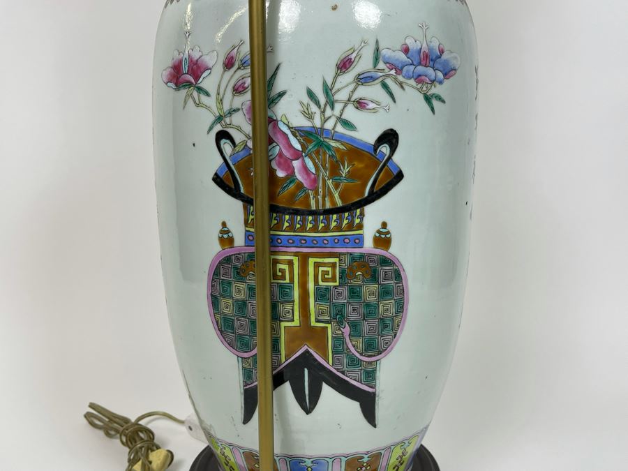 Large Antique Chinese Porcelain Vase (Bottom Not Drilled) On Wooden Lamp Base - Vase Appears To Be Attached To Base With Museum Wax - Vase Is 24.5H X 9W [Photo 19]