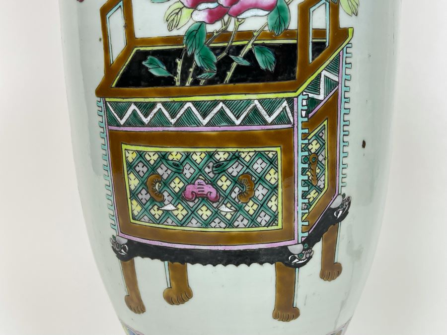 Large Antique Chinese Porcelain Vase (Bottom Not Drilled) On Wooden Lamp Base - Vase Appears To Be Attached To Base With Museum Wax - Vase Is 24.5H X 9W [Photo 12]