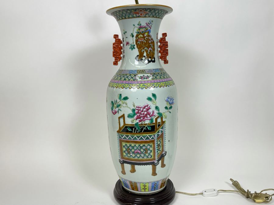 Large Antique Chinese Porcelain Vase (Bottom Not Drilled) On Wooden Lamp Base - Vase Appears To Be Attached To Base With Museum Wax - Vase Is 24.5H X 9W [Photo 6]