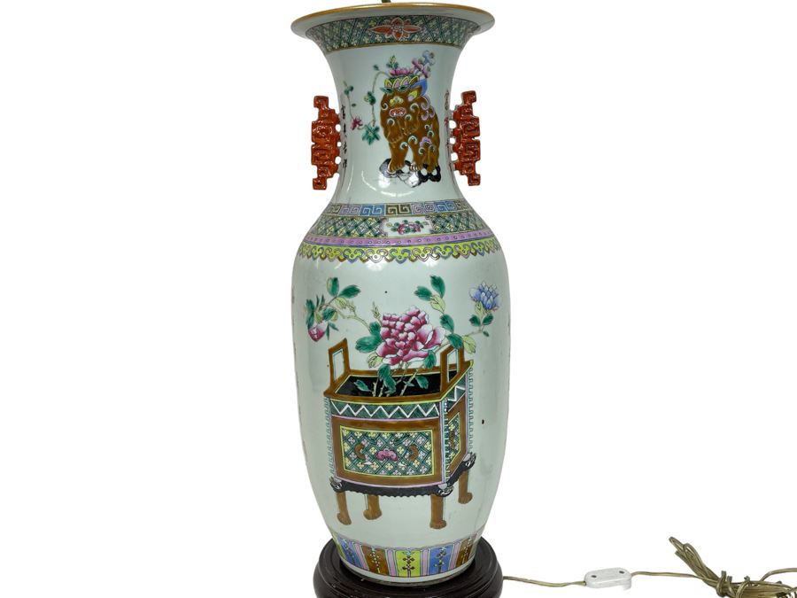 Large Antique Chinese Porcelain Vase (Bottom Not Drilled) On Wooden Lamp Base - Vase Appears To Be Attached To Base With Museum Wax - Vase Is 24.5H X 9W [Photo 2]