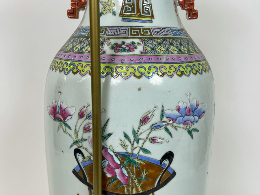 Large Antique Chinese Porcelain Vase (Bottom Not Drilled) On Wooden Lamp Base - Vase Appears To Be Attached To Base With Museum Wax - Vase Is 24.5H X 9W [Photo 18]