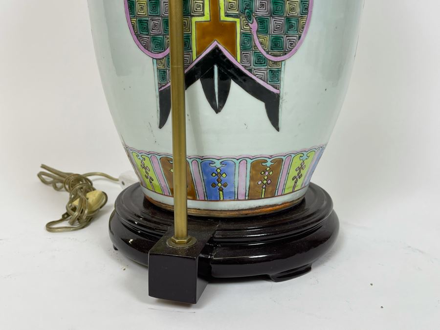 Large Antique Chinese Porcelain Vase (Bottom Not Drilled) On Wooden Lamp Base - Vase Appears To Be Attached To Base With Museum Wax - Vase Is 24.5H X 9W [Photo 20]