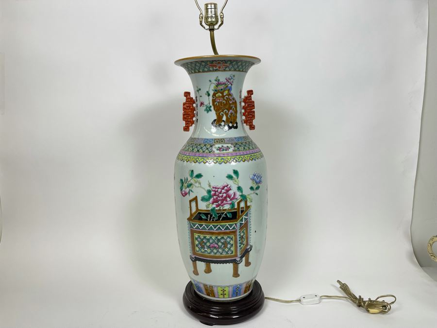 Large Antique Chinese Porcelain Vase (Bottom Not Drilled) On Wooden Lamp Base - Vase Appears To Be Attached To Base With Museum Wax - Vase Is 24.5H X 9W [Photo 7]