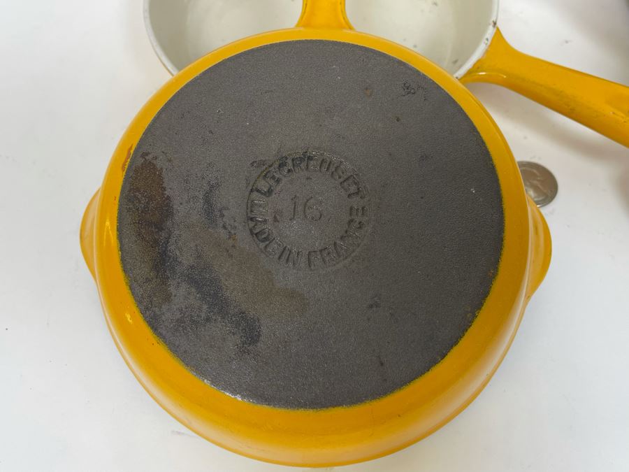 Pair Of Le Creuset Enameled Cast Iron 7.5' Pans 18 And Pair Of Le Creuset Enameled Cast Iron 7' Handled Pans 16 [Photo 6]